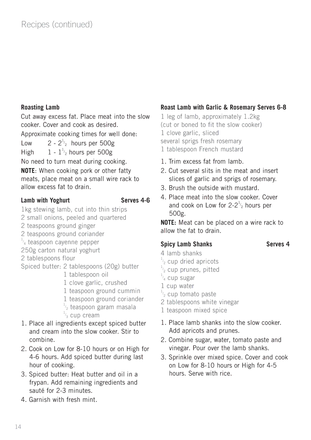 Sunbeam HP3400, HP2200 manual Roasting Lamb, Lamb with Yoghurt, Roast Lamb with Garlic & Rosemary Serves, Spicy Lamb Shanks 