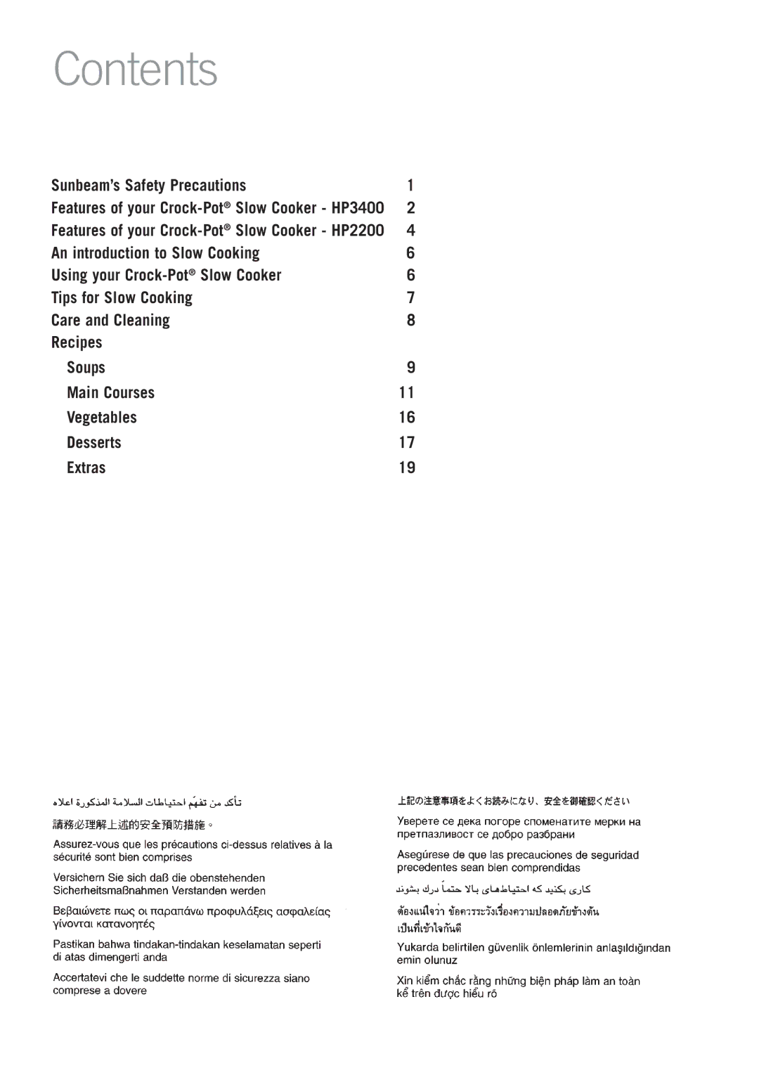 Sunbeam HP3400, HP2200 manual Contents 