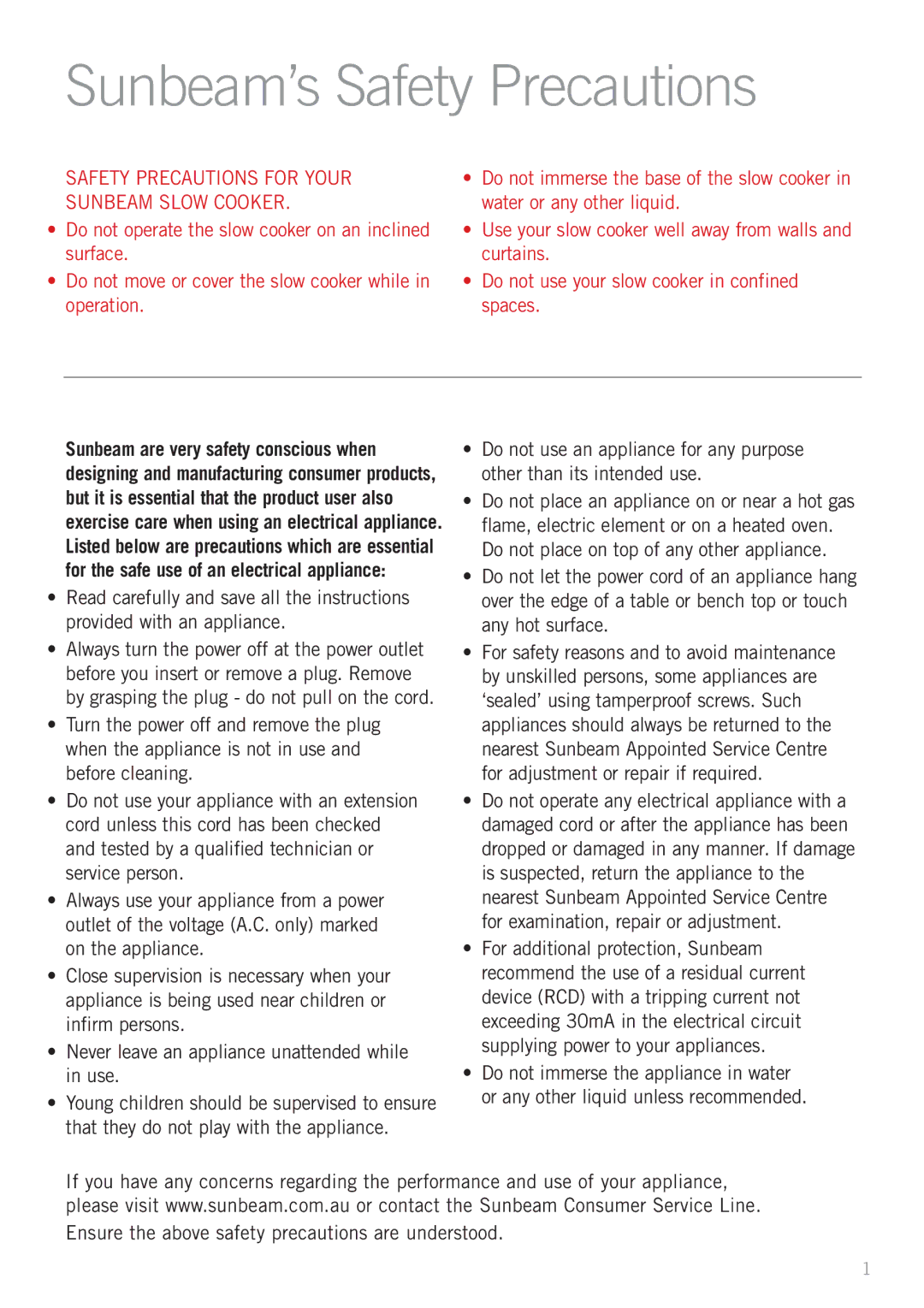 Sunbeam HP2200, HP3400 manual Sunbeam’s Safety Precautions, Safety Precautions for Your Sunbeam Slow Cooker 