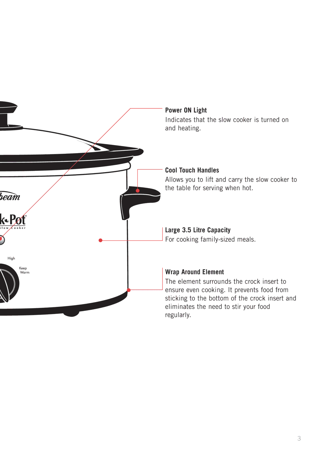 Sunbeam HP2200, HP3400 manual Power on Light, Cool Touch Handles, Large 3.5 Litre Capacity, Wrap Around Element 