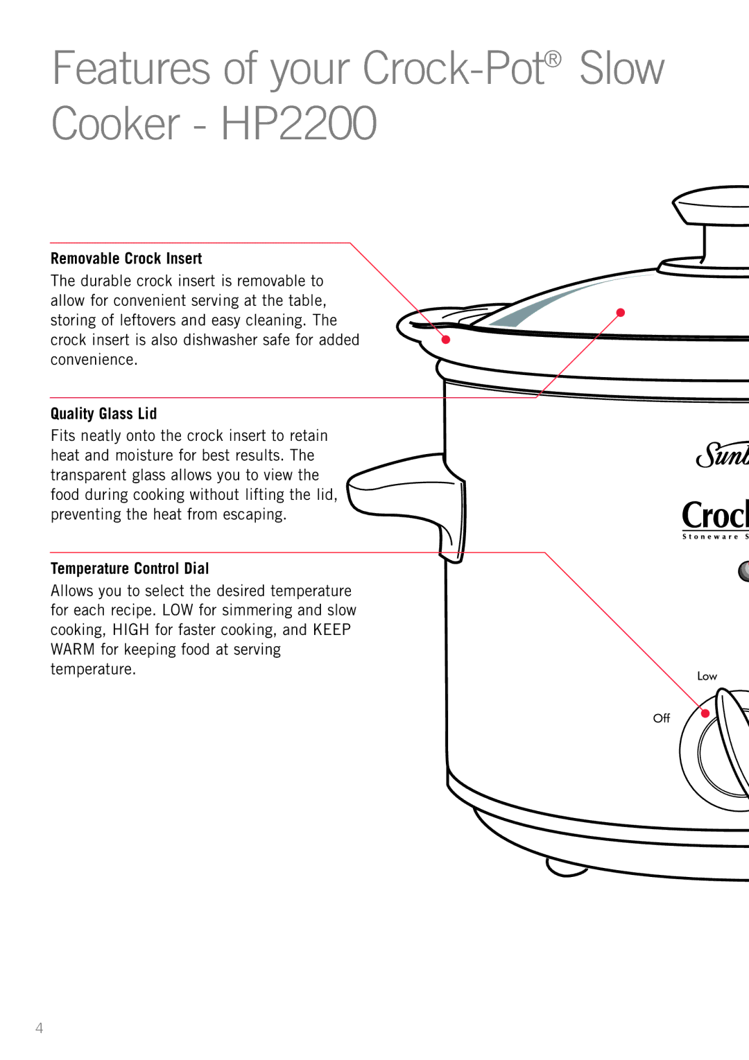 Sunbeam HP3400 manual Features of your Crock-PotSlow Cooker HP2200 