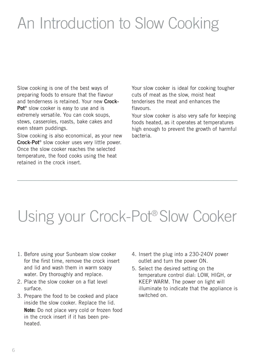 Sunbeam HP3400, HP2200 manual An Introduction to Slow Cooking, Using your Crock-PotSlow Cooker 