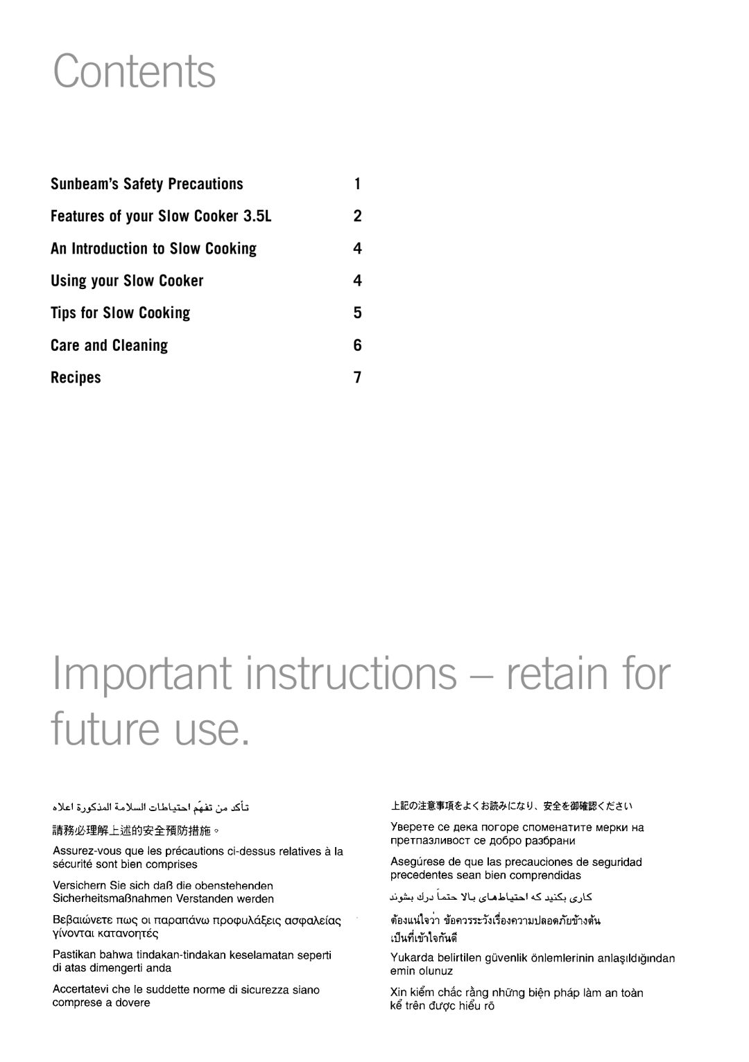 Sunbeam HP3510 manual Contents, Important instructions retain for future use 