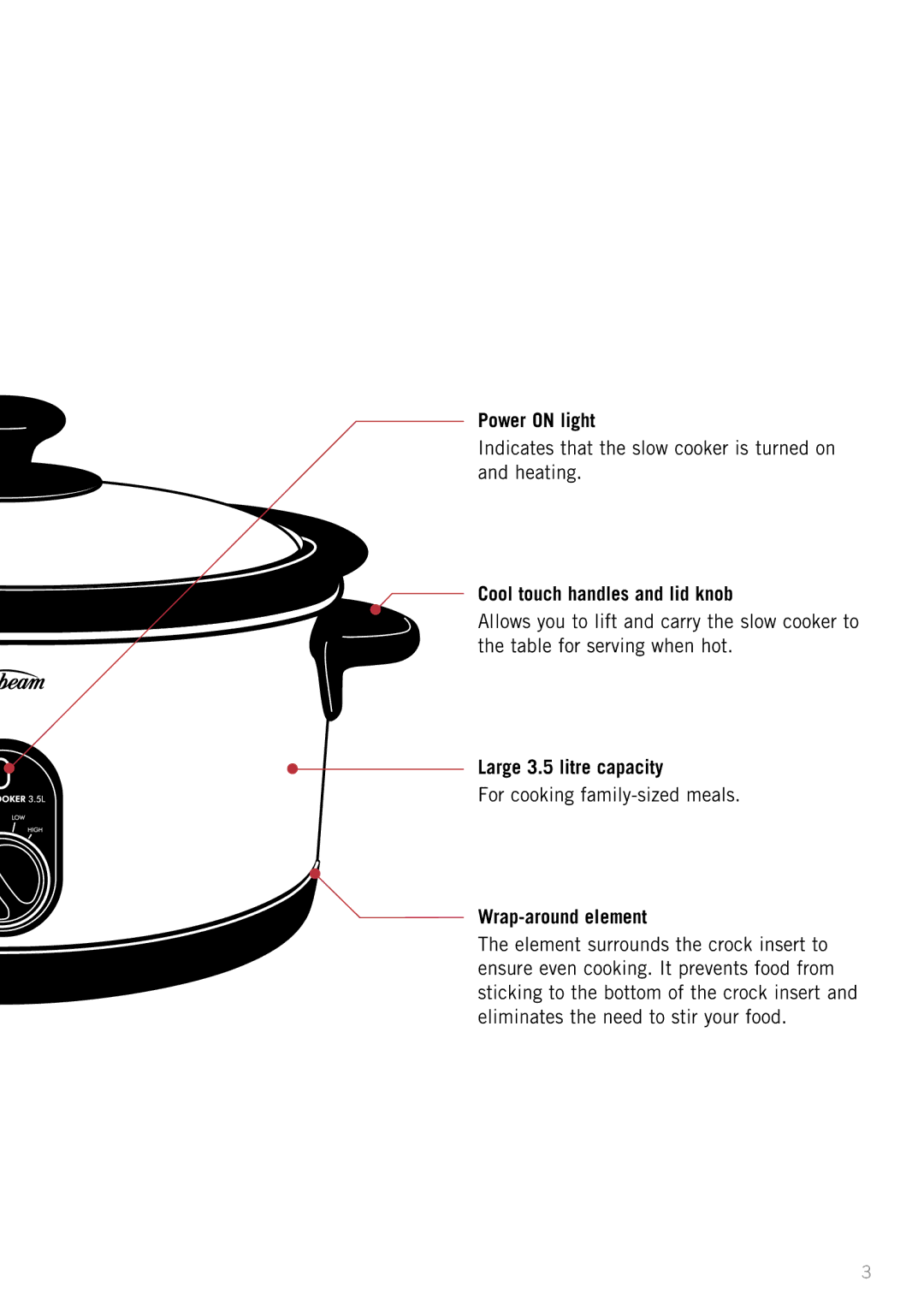 Sunbeam HP3510 manual Power on light, Cool touch handles and lid knob, Large 3.5 litre capacity, Wrap-around element 