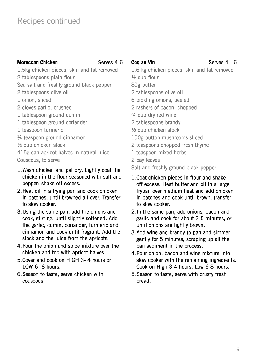 Sunbeam HP3510 manual Recipes continued, Moroccan Chicken, Coq au Vin 