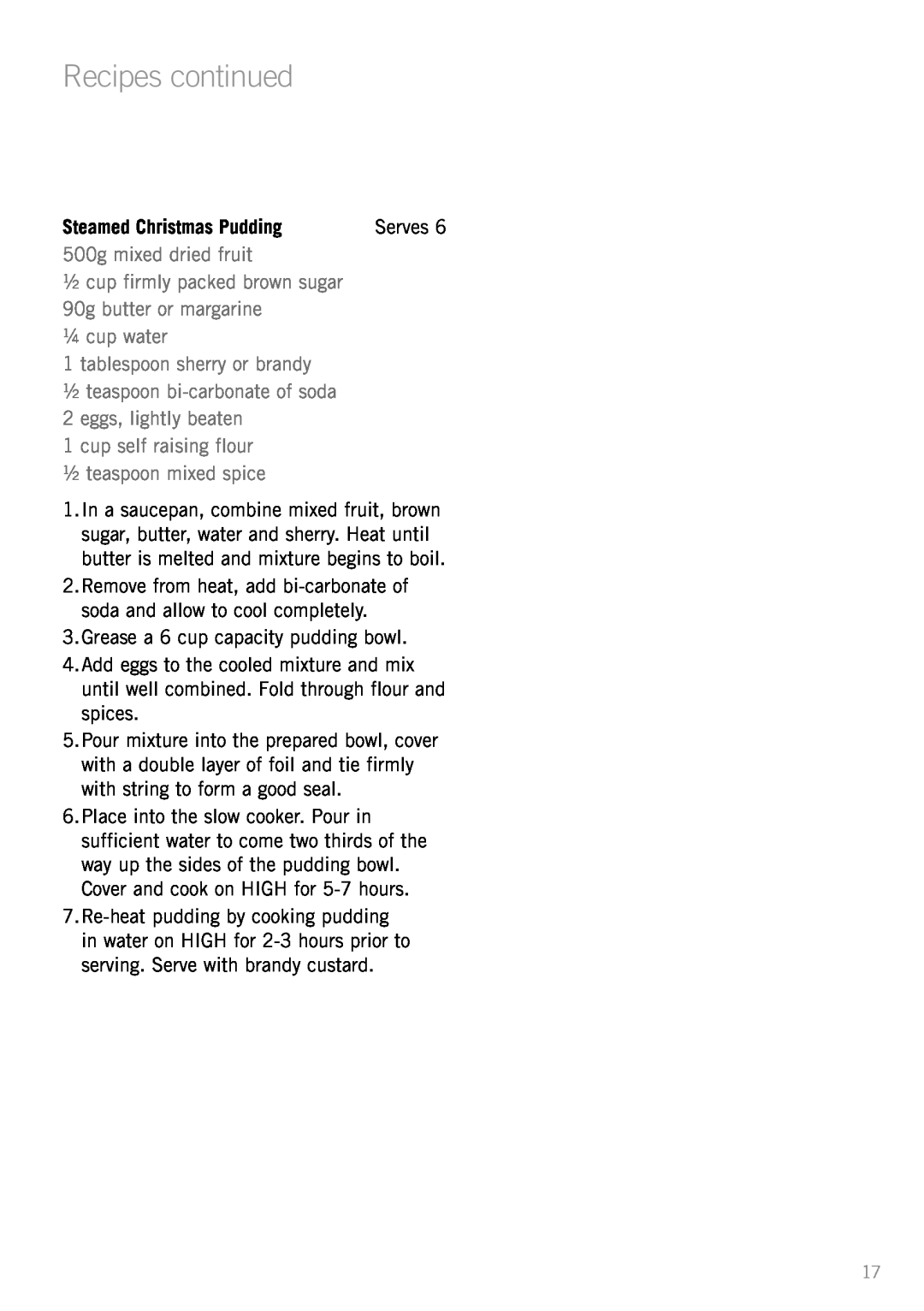 Sunbeam HP3510 manual Recipes continued, Steamed Christmas Pudding 
