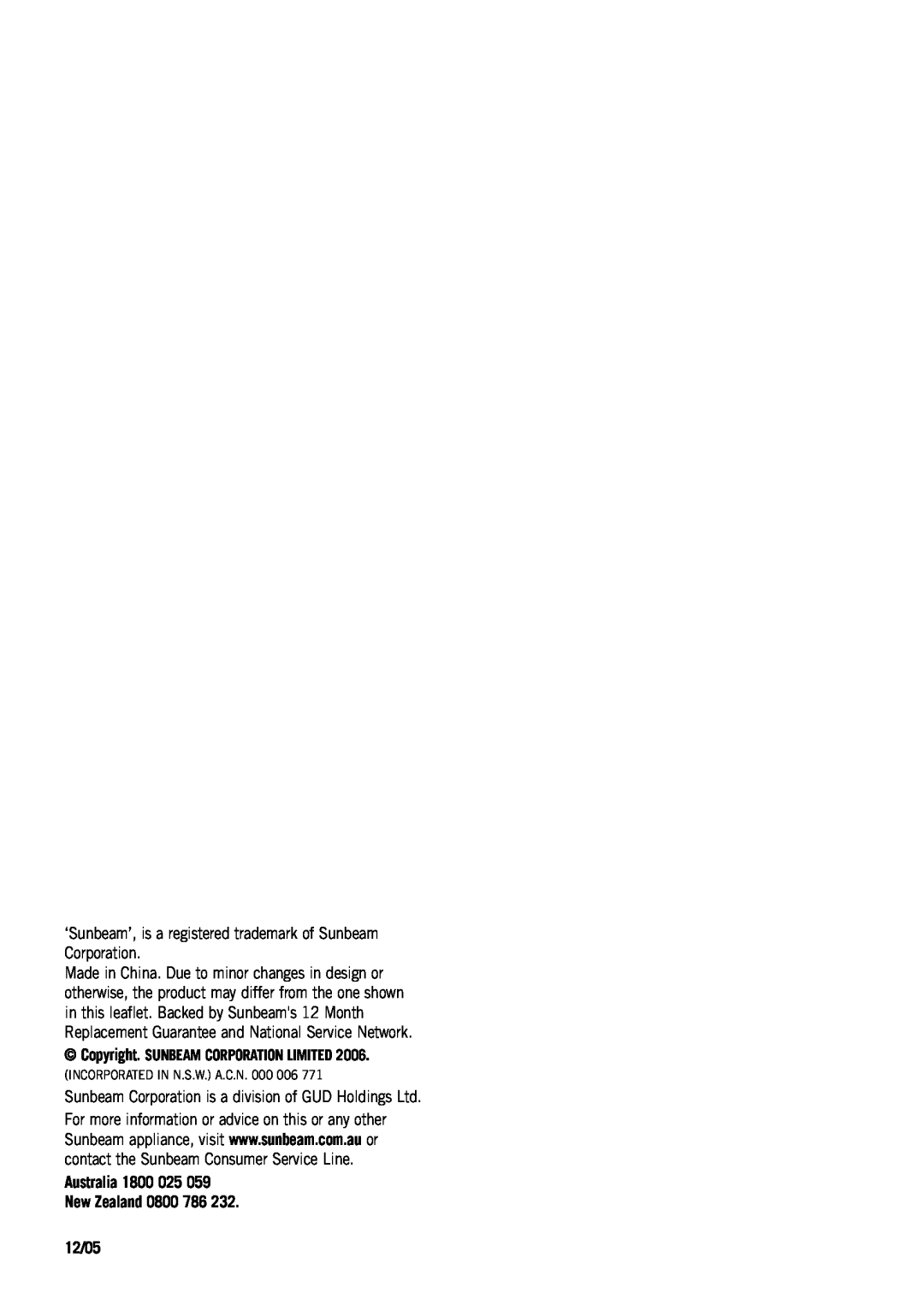 Sunbeam HP3510 manual 12/05, Copyright. SUNBEAM CORPORATION LIMITED 