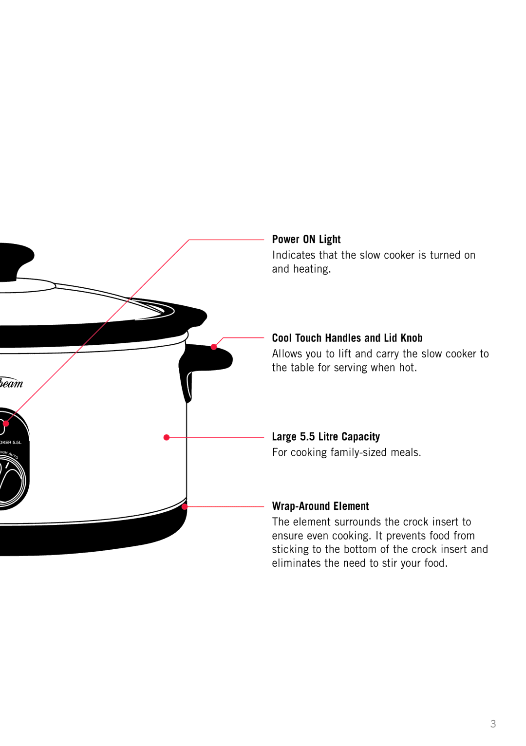 Sunbeam HP4500, HP5500 manual Power on Light, Cool Touch Handles and Lid Knob, Large 5.5 Litre Capacity, Wrap-Around Element 