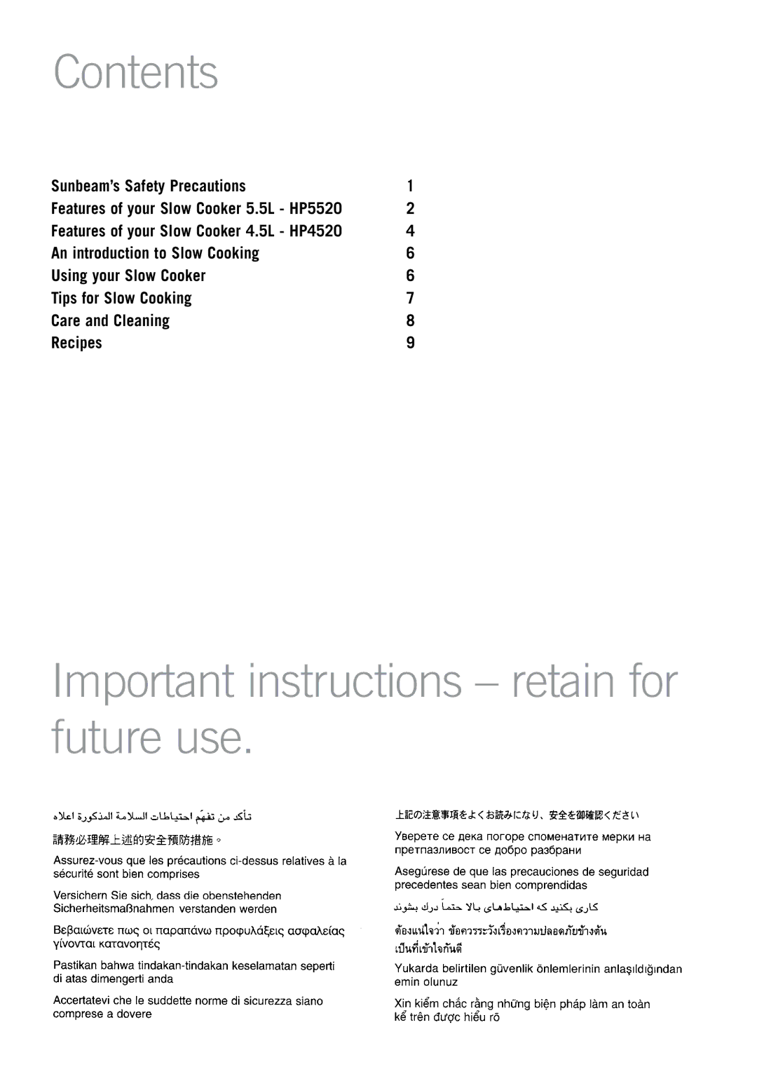 Sunbeam HP5520 manual Contents, Important instructions retain for future use 