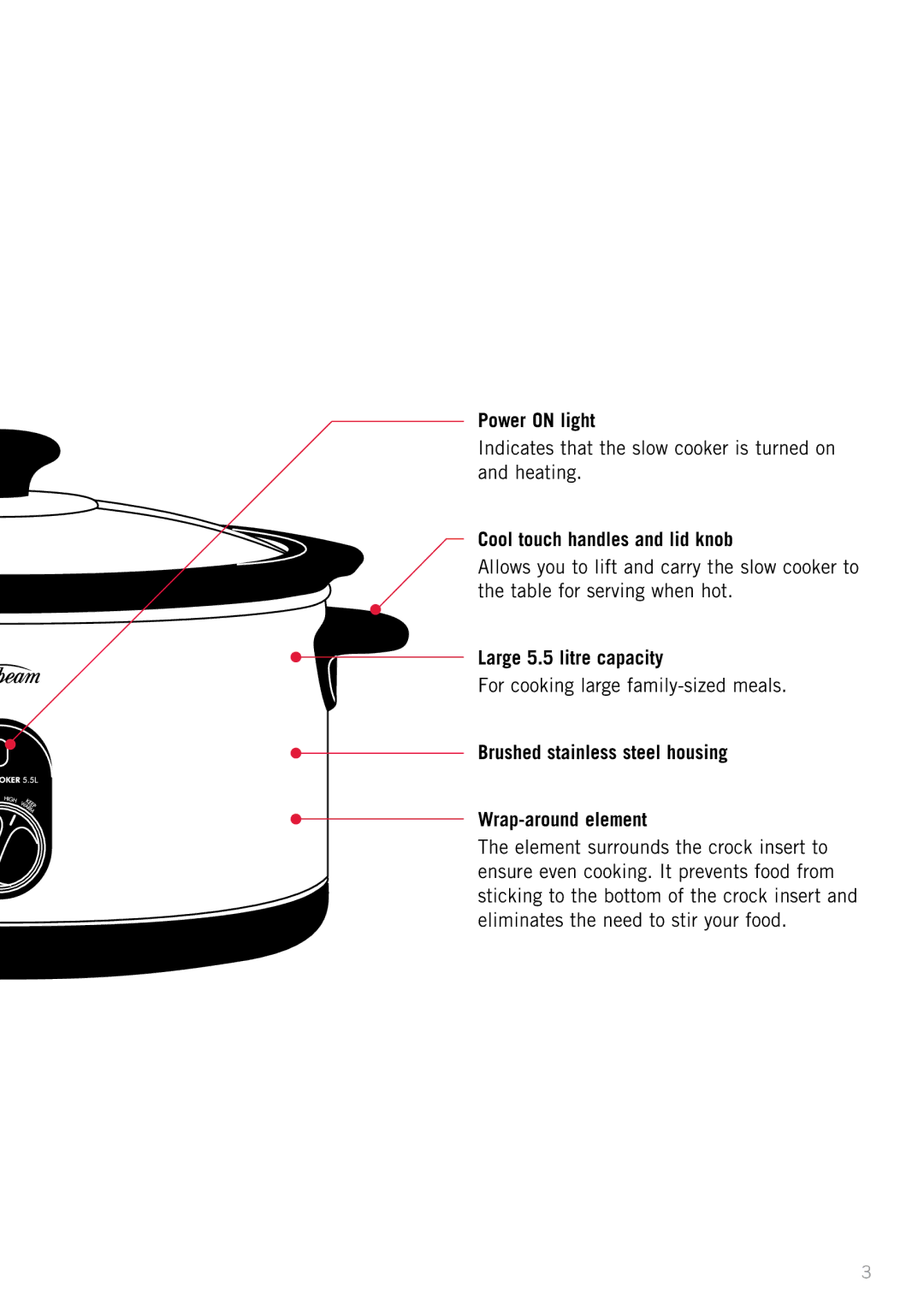 Sunbeam HP5520 manual Power on light, Cool touch handles and lid knob, Large 5.5 litre capacity 