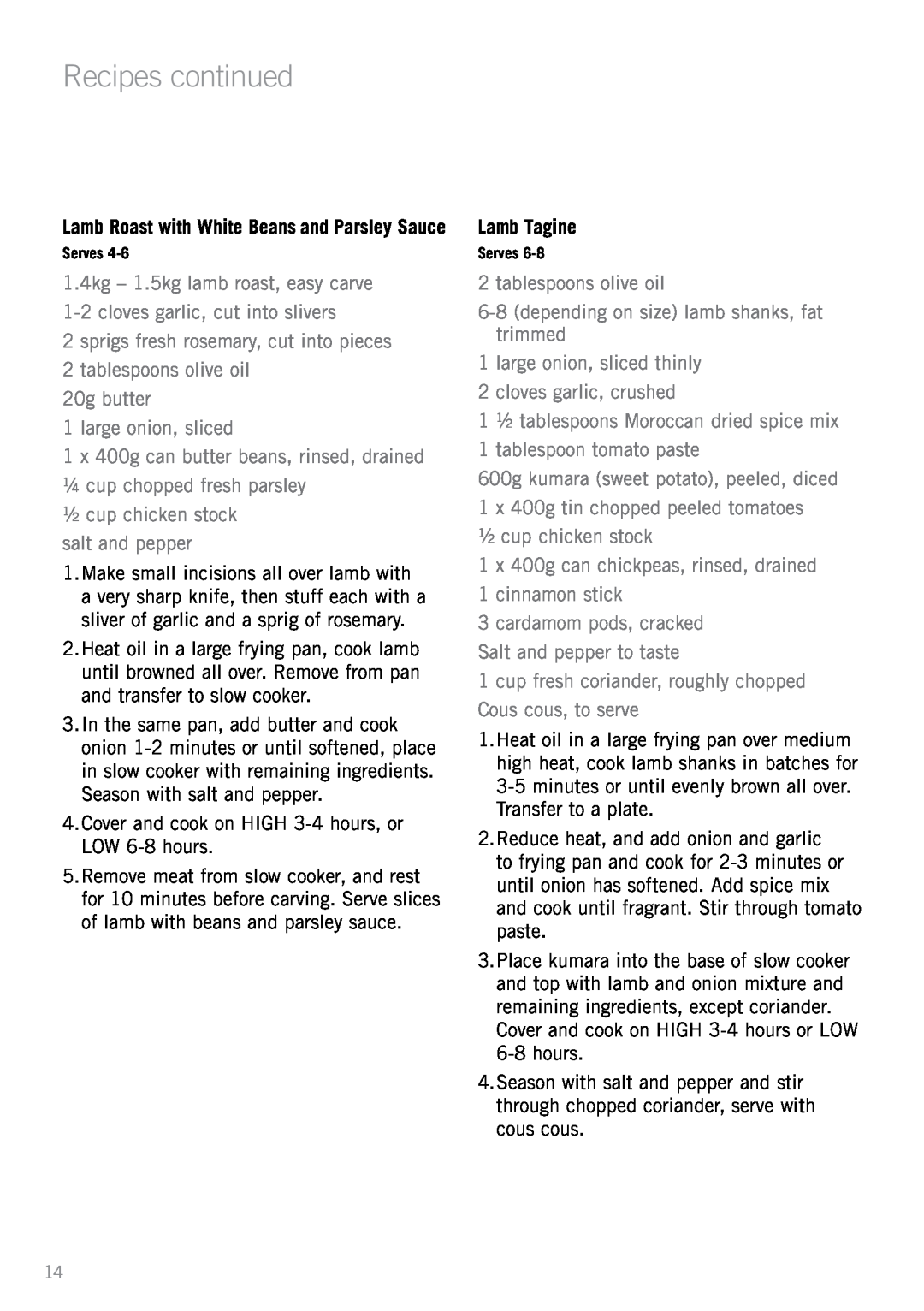 Sunbeam HP5520 manual Lamb Tagine, Recipes continued 