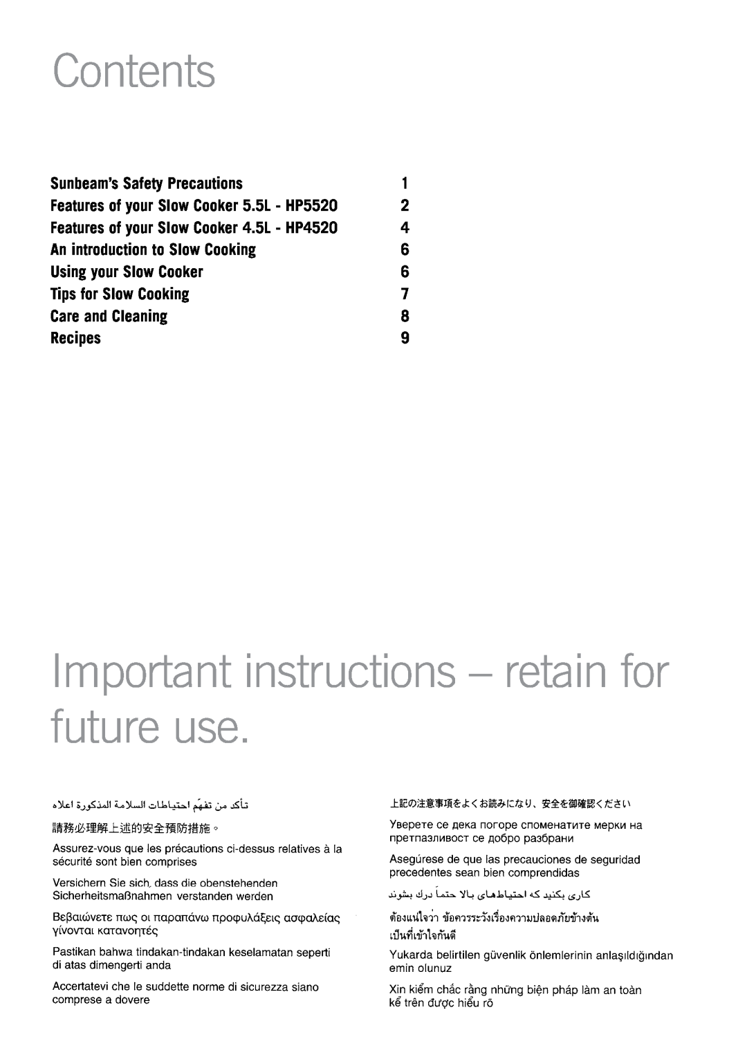 Sunbeam HP5520 Contents, Important instructions - retain for future use, Sunbeam’s Safety Precautions, Care and Cleaning 