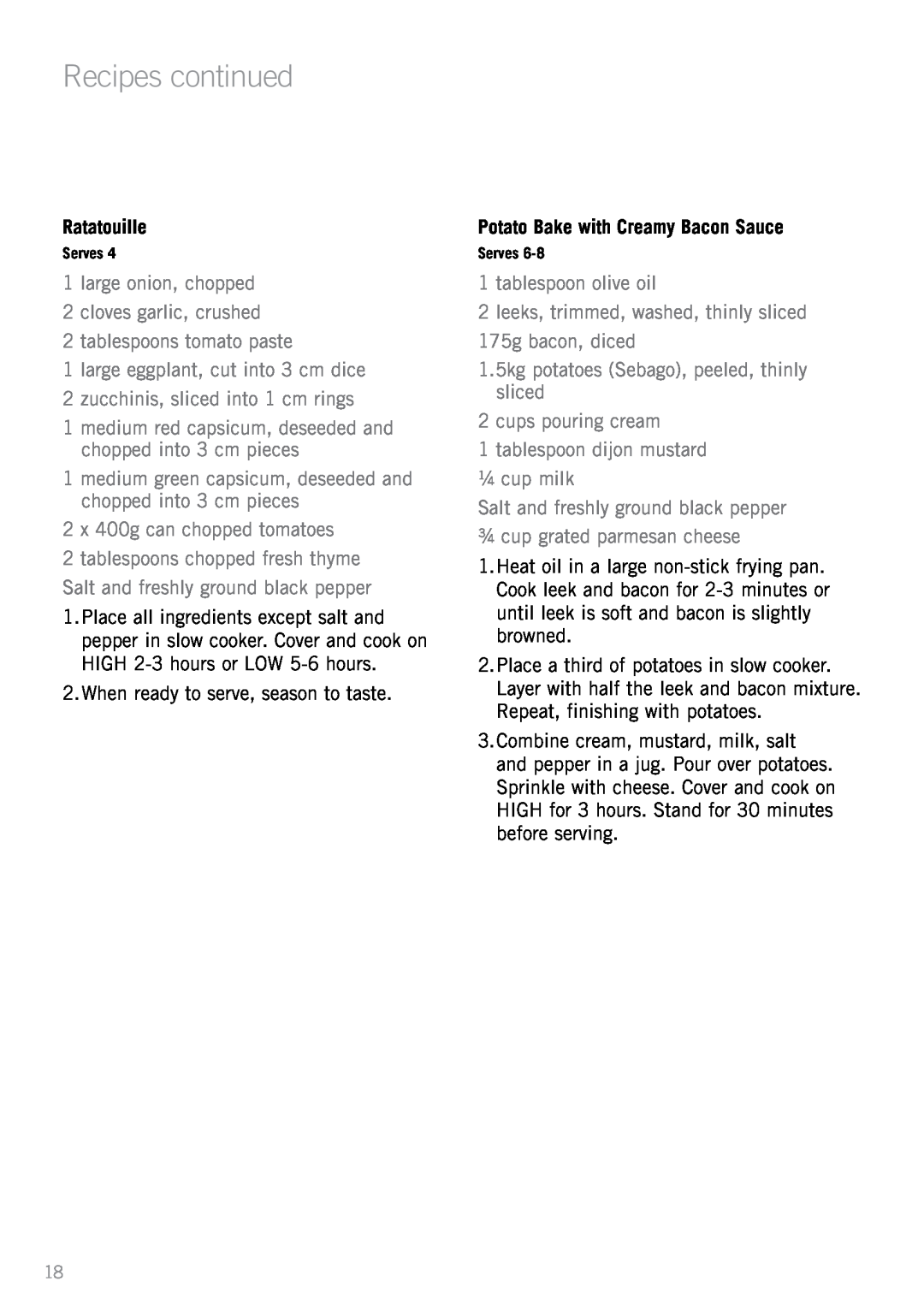 Sunbeam HP5520 manual Ratatouille, Potato Bake with Creamy Bacon Sauce, Recipes continued 