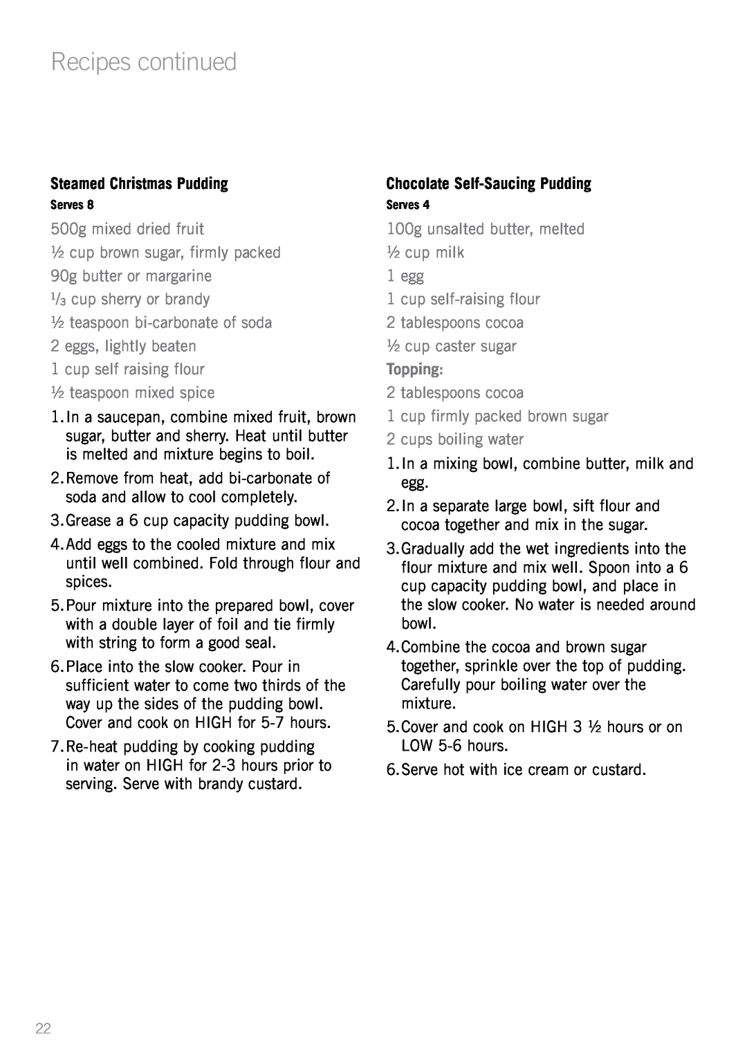 Sunbeam HP5520 manual Steamed Christmas Pudding, Chocolate Self-Saucing Pudding, Recipes continued, Topping 