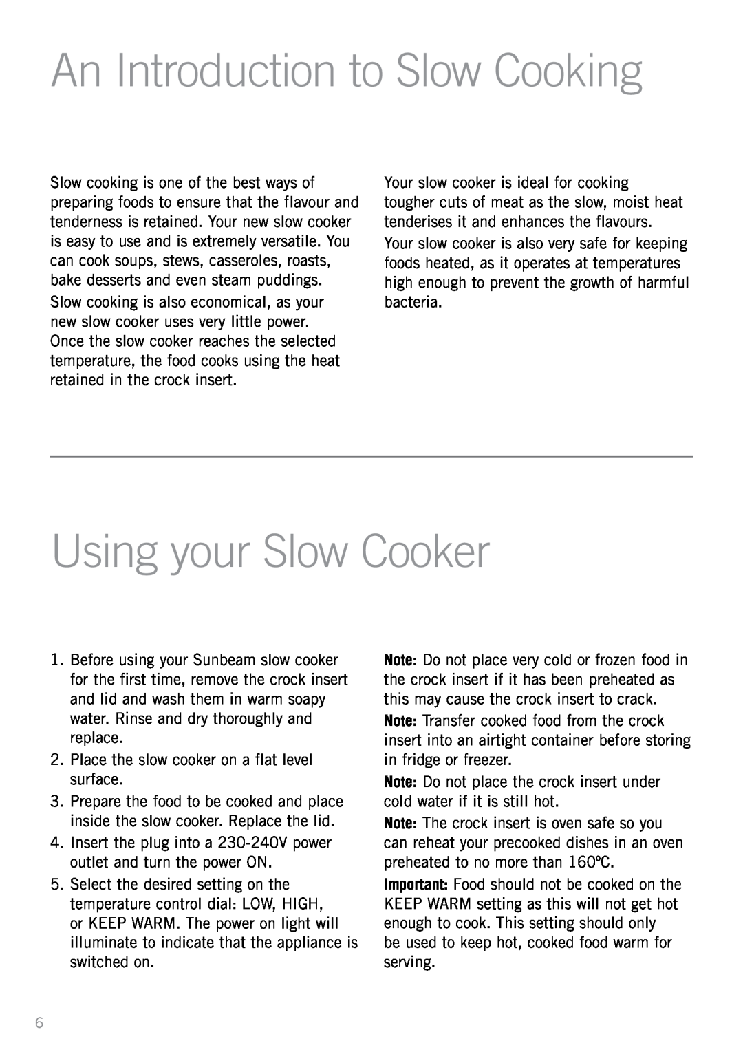 Sunbeam HP5520 manual An Introduction to Slow Cooking, Using your Slow Cooker 