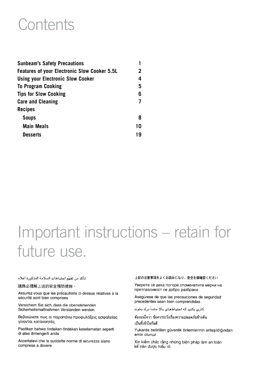 Sunbeam HP5590 manual Contents, Important instructions retain for future use 