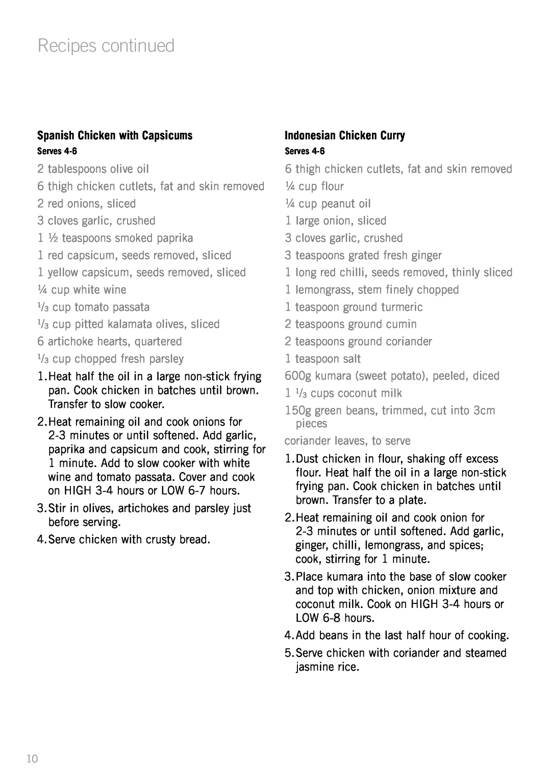 Sunbeam HP5590 manual Spanish Chicken with Capsicums, Indonesian Chicken Curry, Recipes continued 