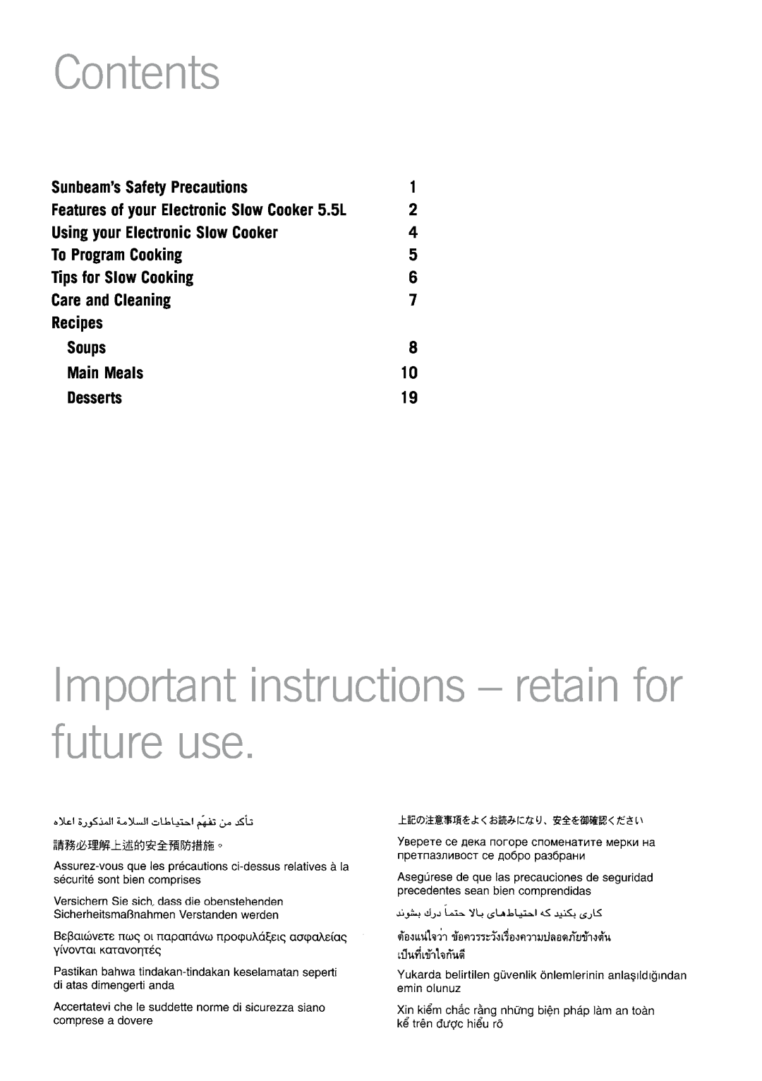 Sunbeam HP5590 Contents, Important instructions - retain for future use, Sunbeam’s Safety Precautions, To Program Cooking 