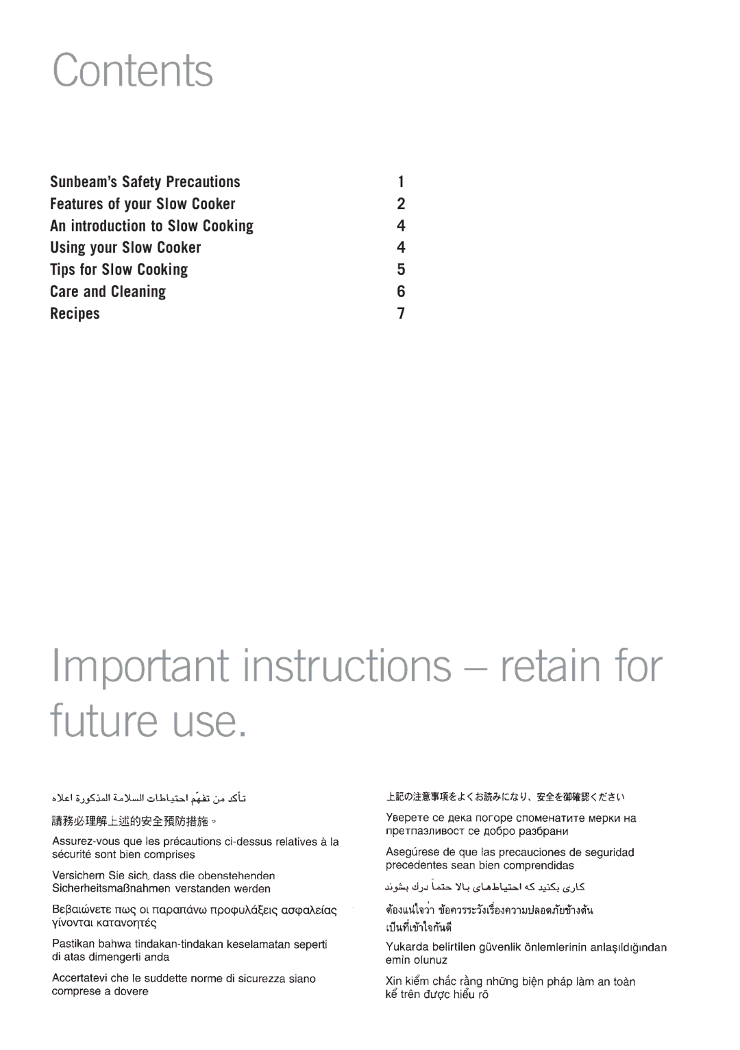 Sunbeam HP6000 manual Contents, Important instructions retain for future use 