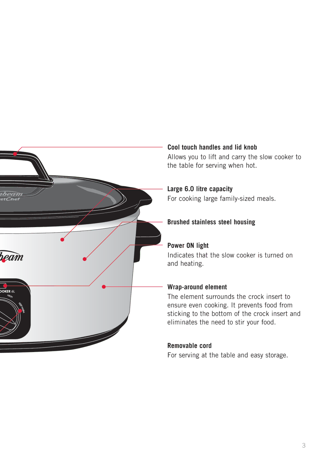 Sunbeam HP6000 Cool touch handles and lid knob, Large 6.0 litre capacity, Brushed stainless steel housing Power on light 