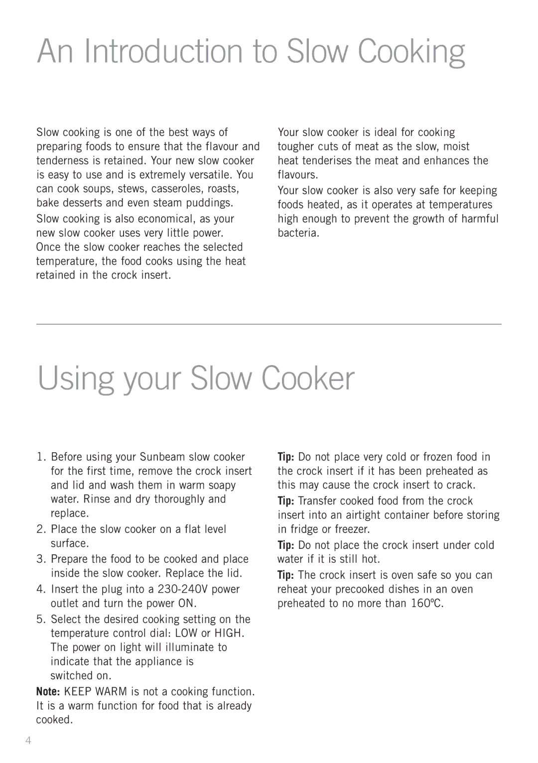 Sunbeam HP6000 manual An Introduction to Slow Cooking, Using your Slow Cooker 