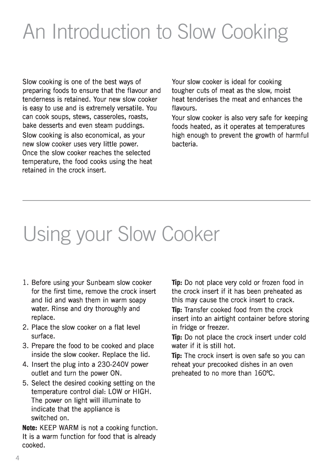Sunbeam HP6000 manual An Introduction to Slow Cooking, Using your Slow Cooker 