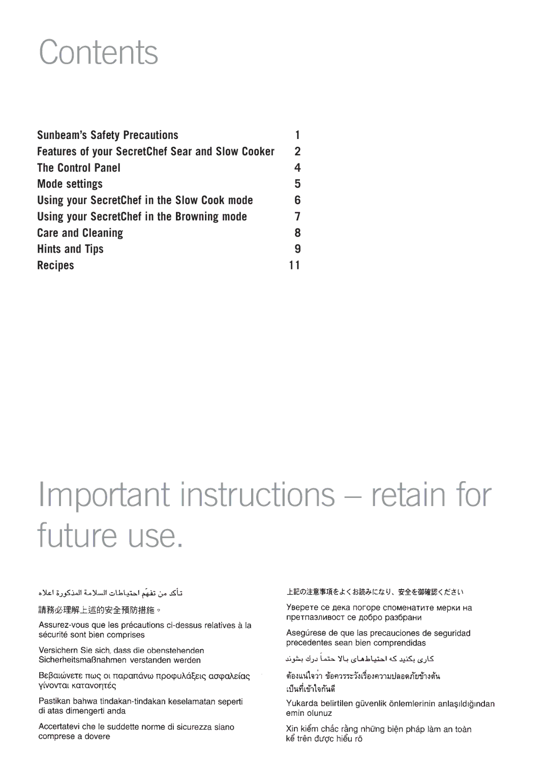 Sunbeam HP8555 manual Contents, Important instructions retain for future use 