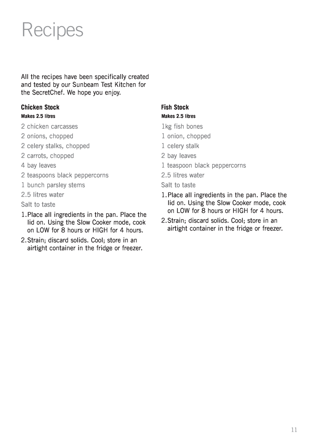 Sunbeam HP8555 manual Recipes, Chicken Stock, Fish Stock 