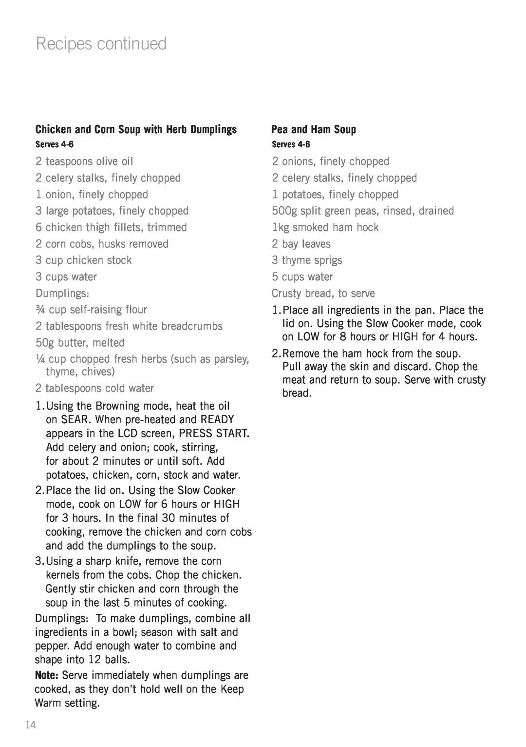 Sunbeam HP8555 manual Recipes continued, Pea and Ham Soup 