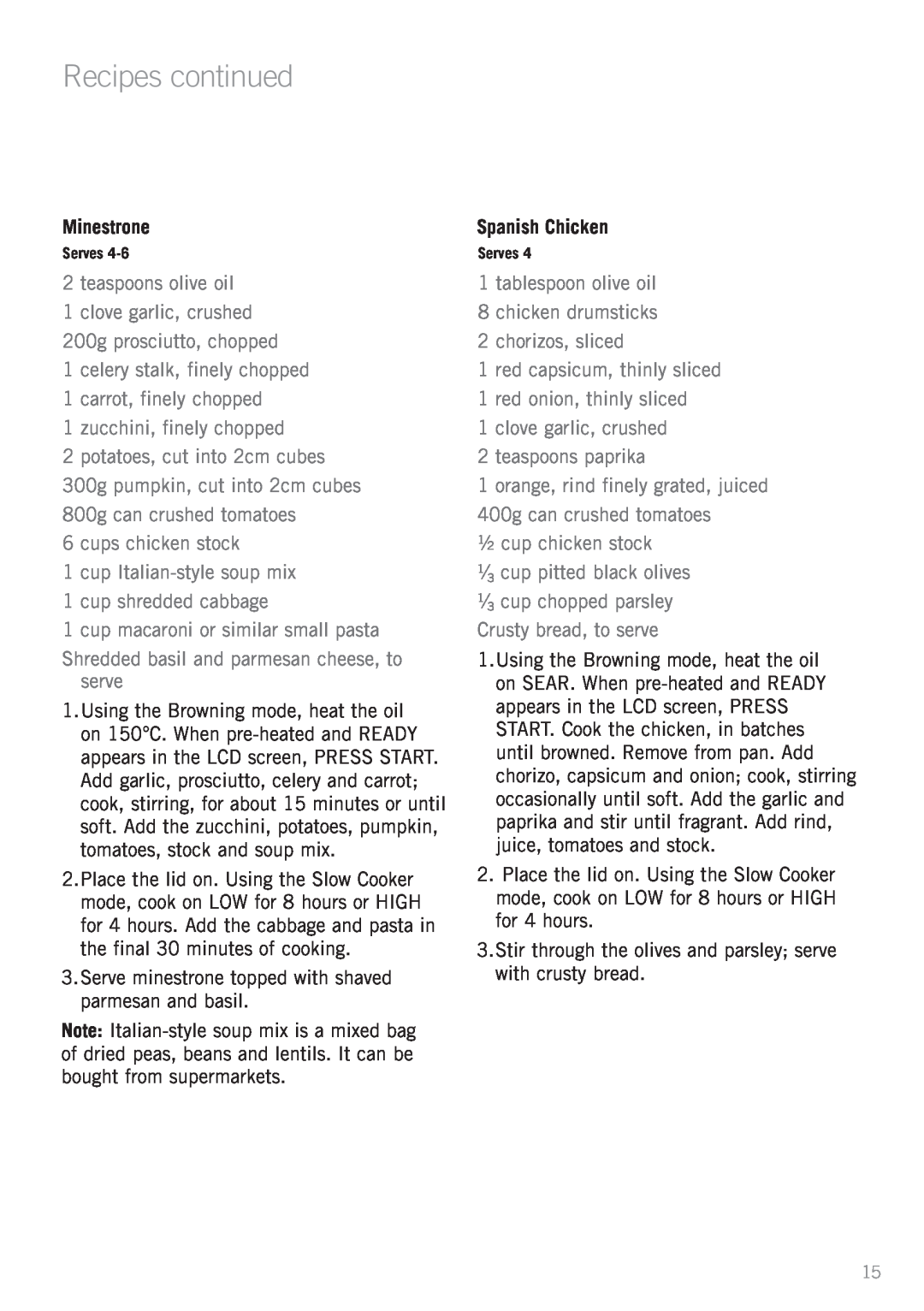 Sunbeam HP8555 manual Recipes continued, Minestrone, Spanish Chicken 