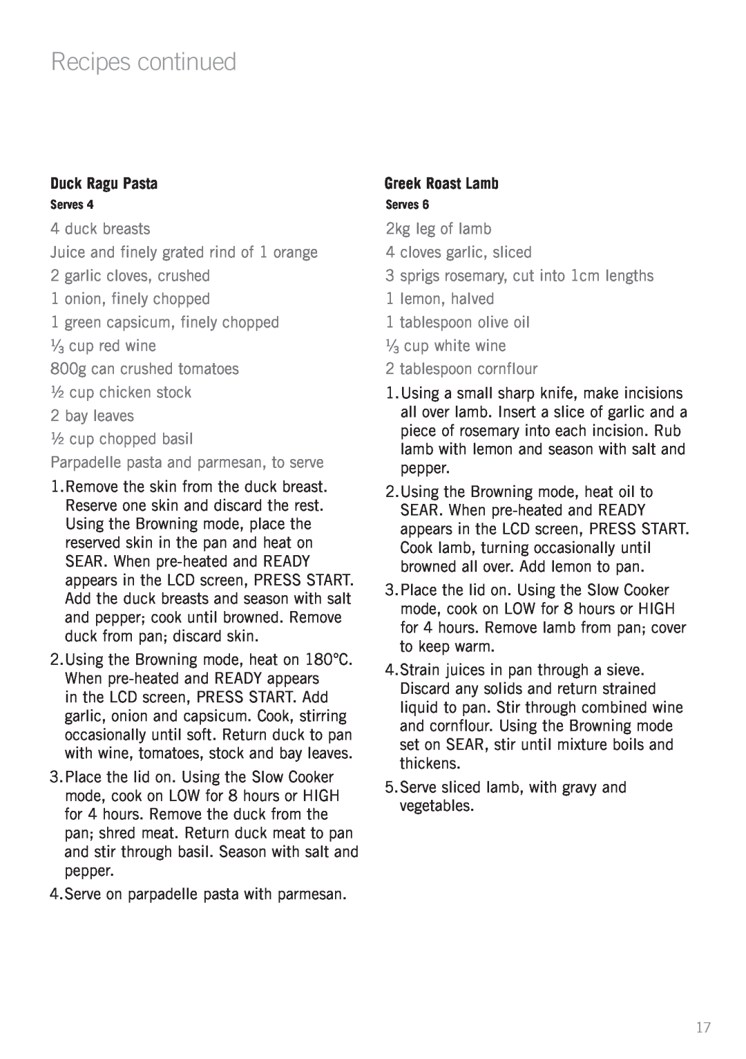 Sunbeam HP8555 manual Recipes continued, Duck Ragu Pasta, Greek Roast Lamb 