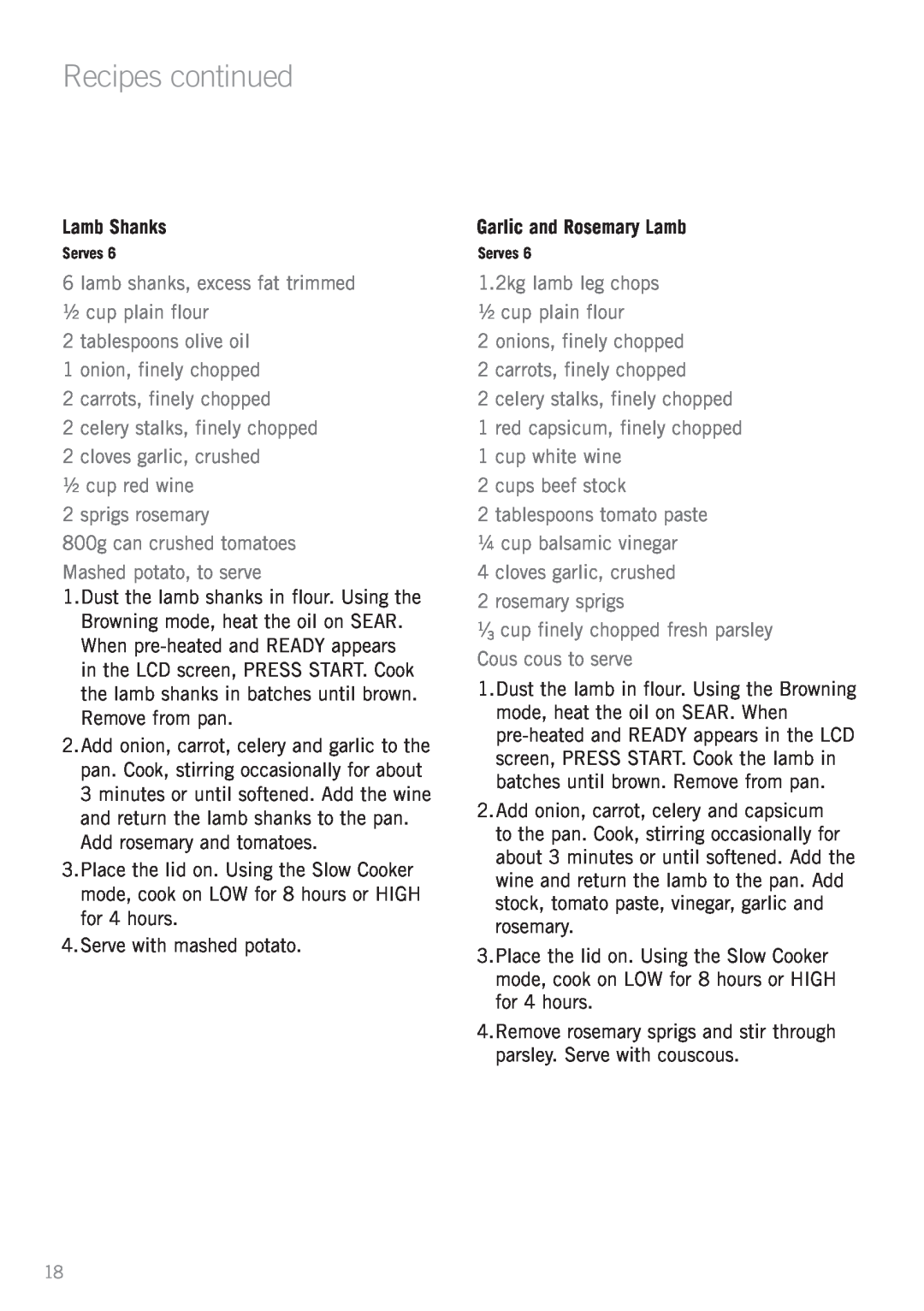 Sunbeam HP8555 manual Recipes continued, Lamb Shanks, Garlic and Rosemary Lamb 
