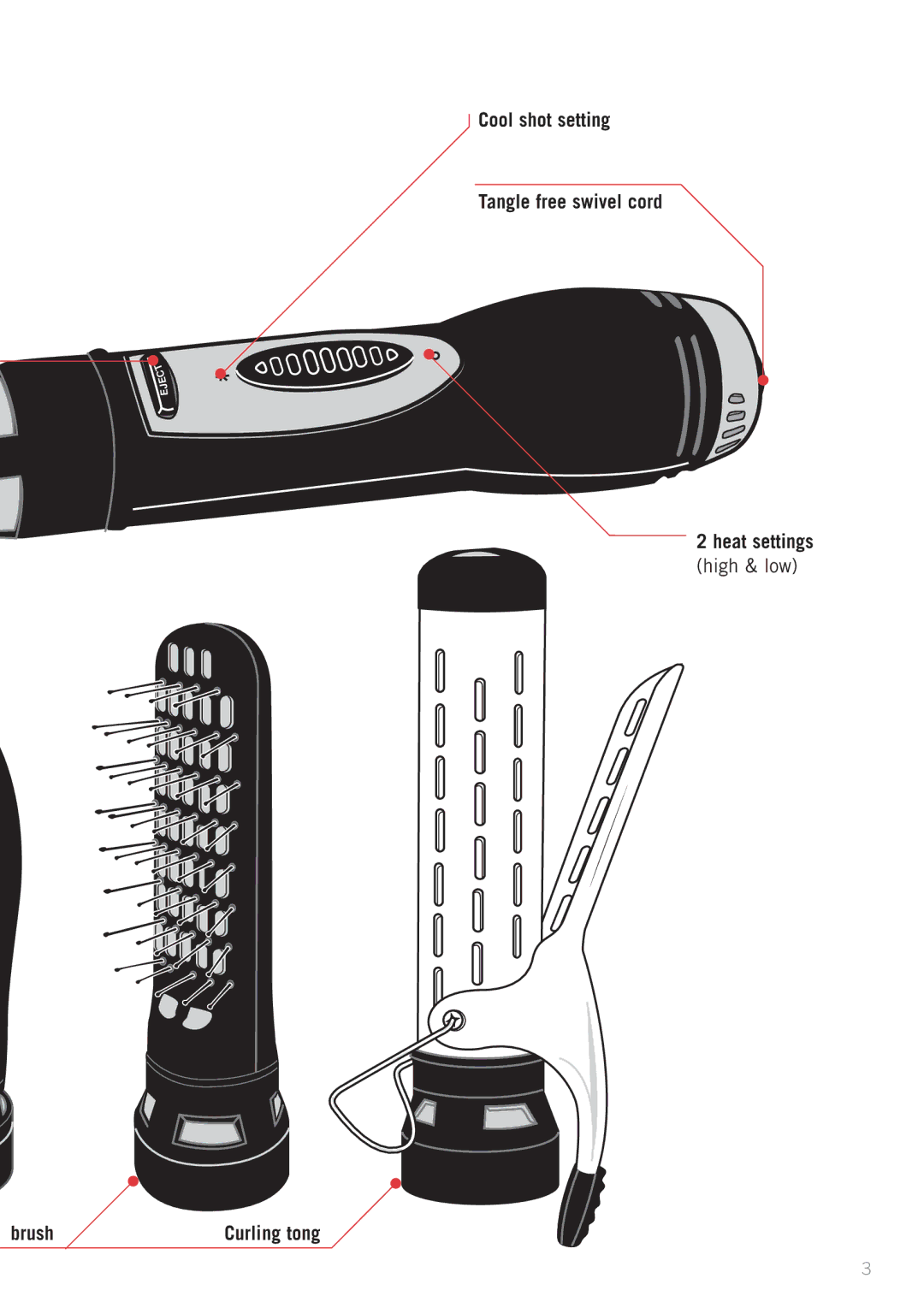 Sunbeam HS6600 manual Cool shot setting Tangle free swivel cord Heat settings, Brush 