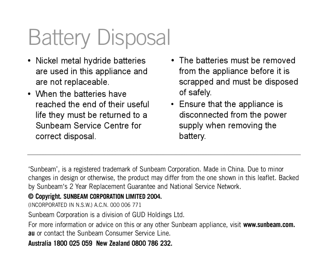 Sunbeam HS6700 manual Battery Disposal 