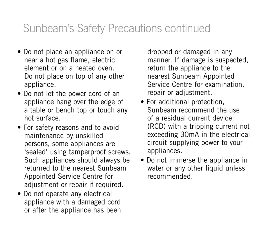 Sunbeam HS6700 manual Sunbeam’s Safety Precautions 