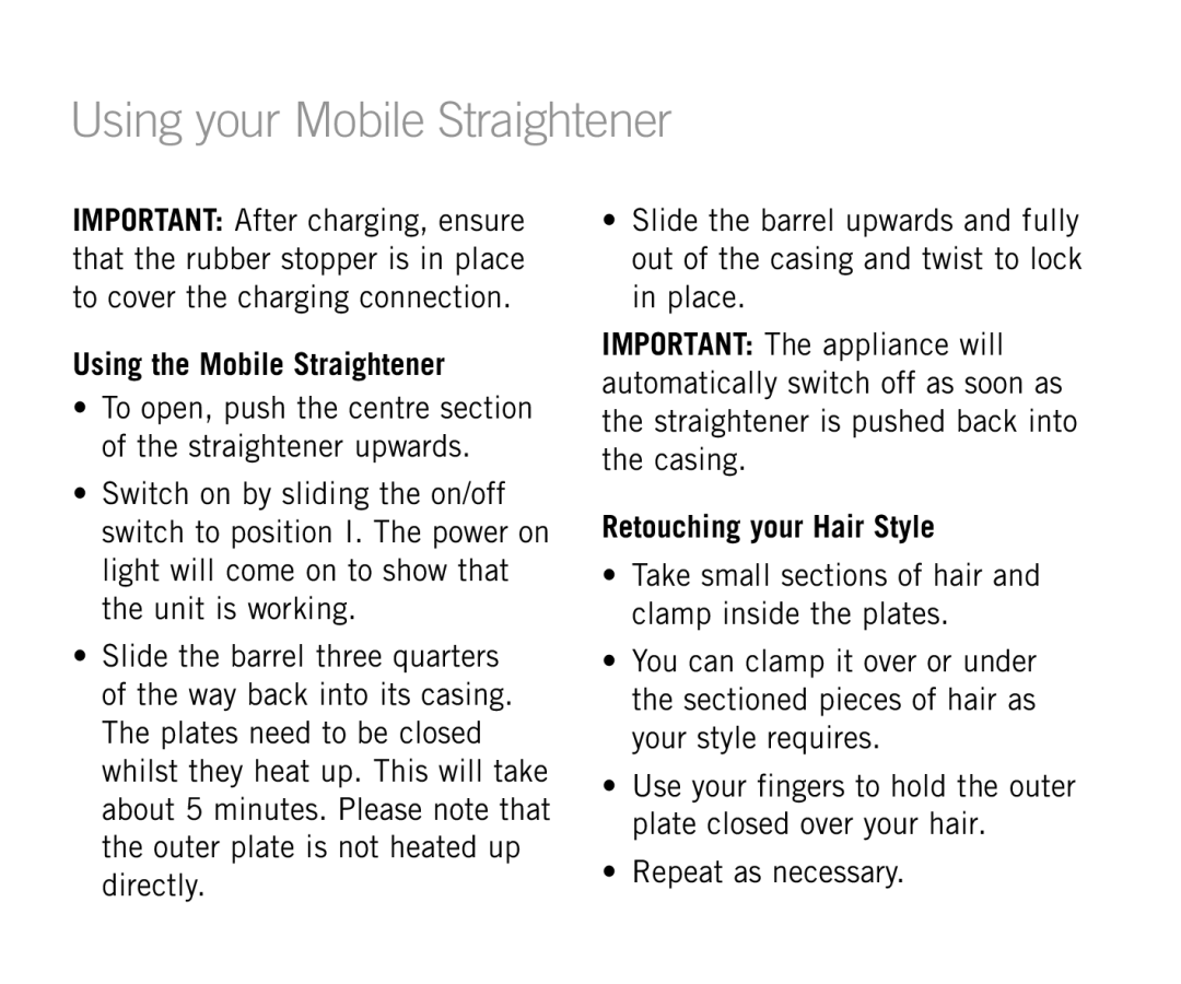 Sunbeam HS6700 manual Using your Mobile Straightener, Using the Mobile Straightener 