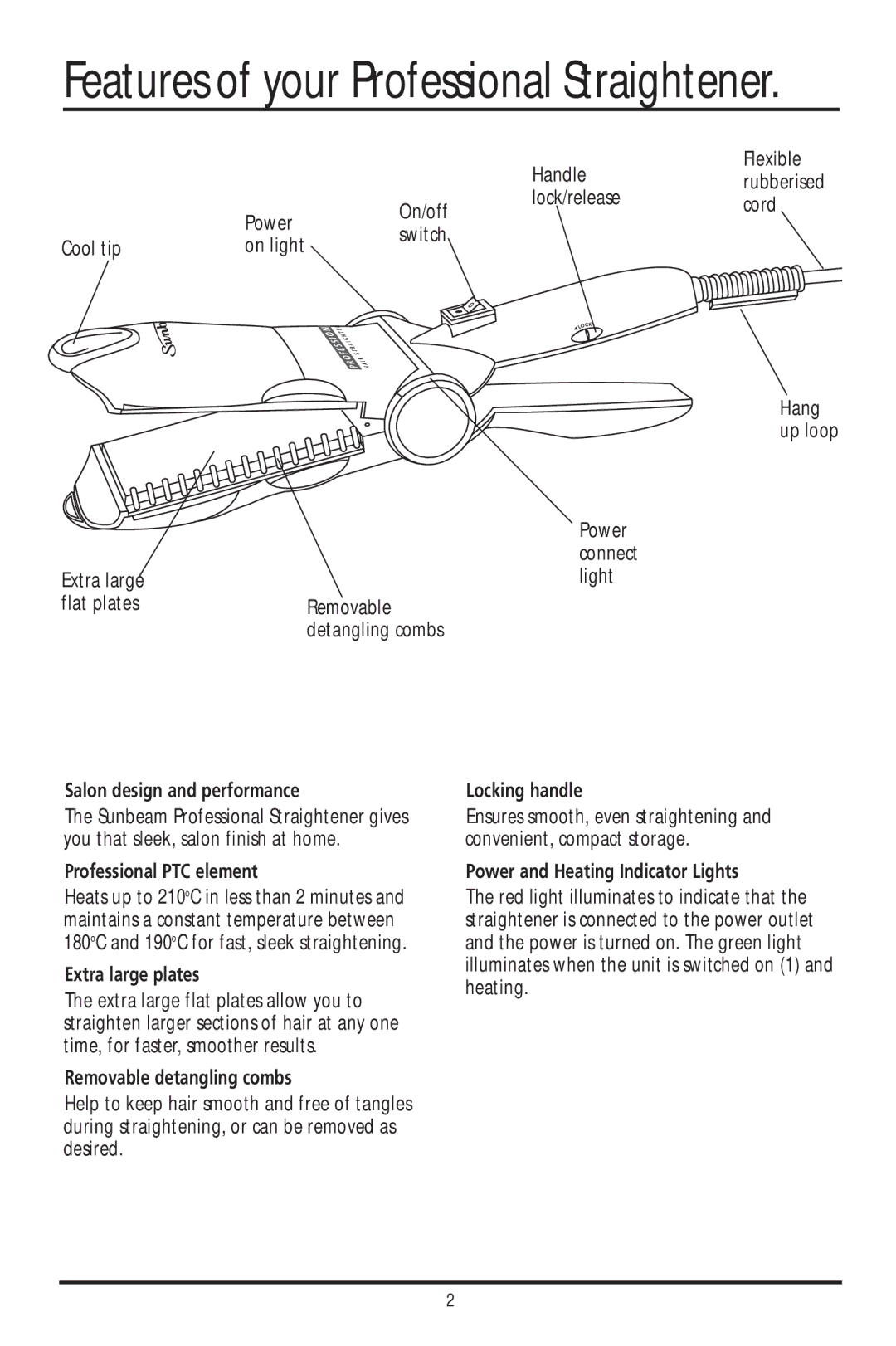 Sunbeam HS9200 manual Features of your Professional Straightener 