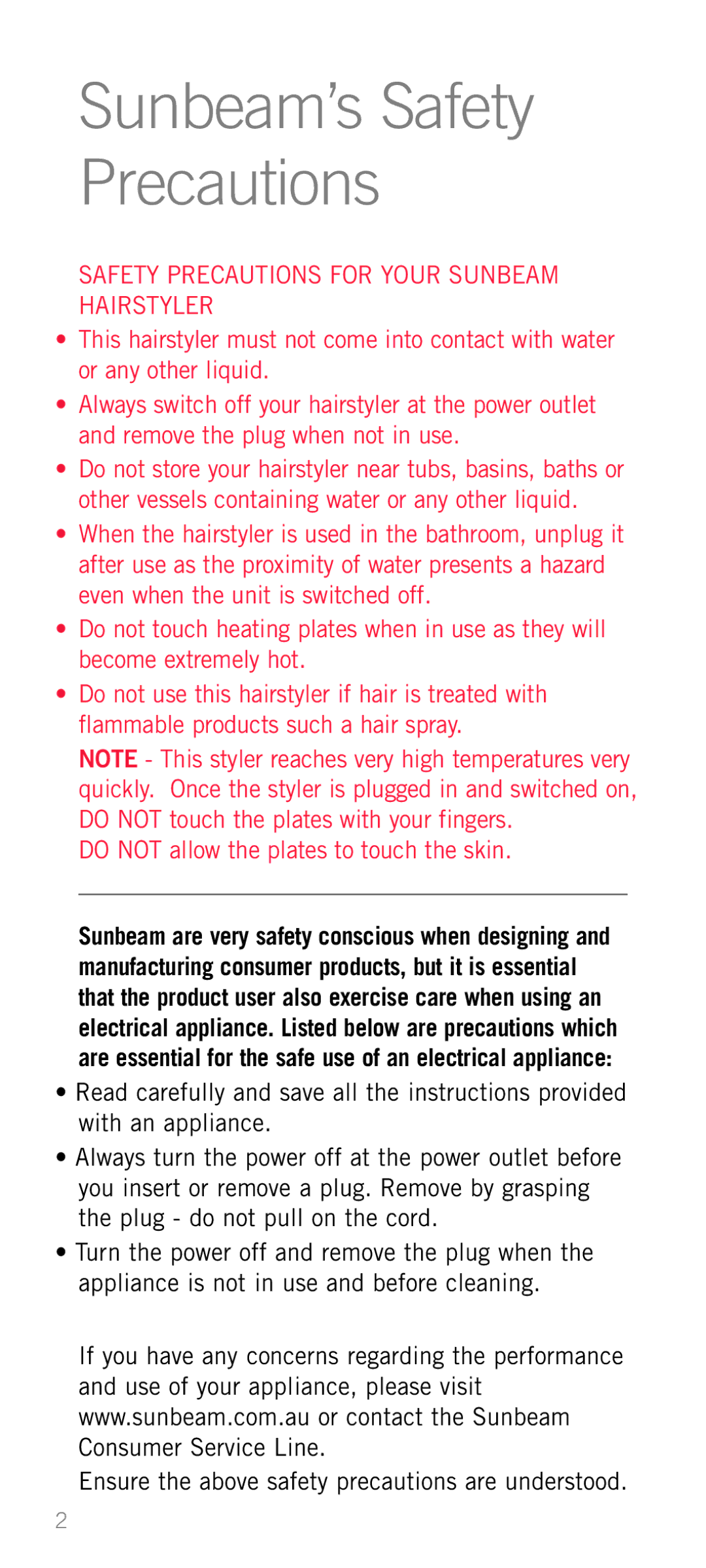 Sunbeam HS9500 manual Sunbeam’s Safety Precautions 