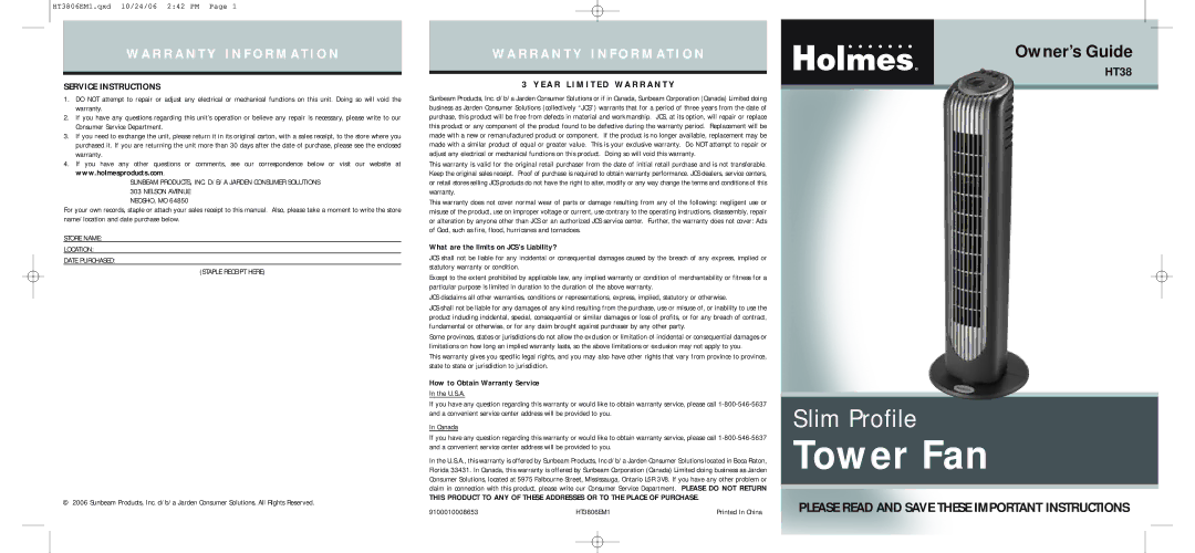 Sunbeam HT38 warranty Service Instructions, What are the limits on JCS’s Liability?, How to Obtain Warranty Service 