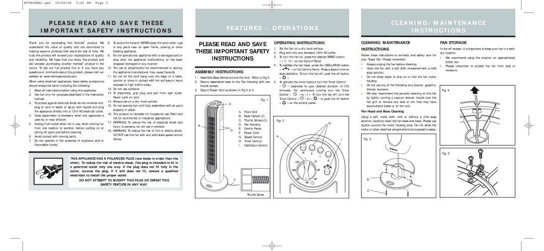 Sunbeam HT38 warranty Assembly Instructions, Operating Instructions, CLEANING/MAINTENANCE Instructions, FAN Storage 