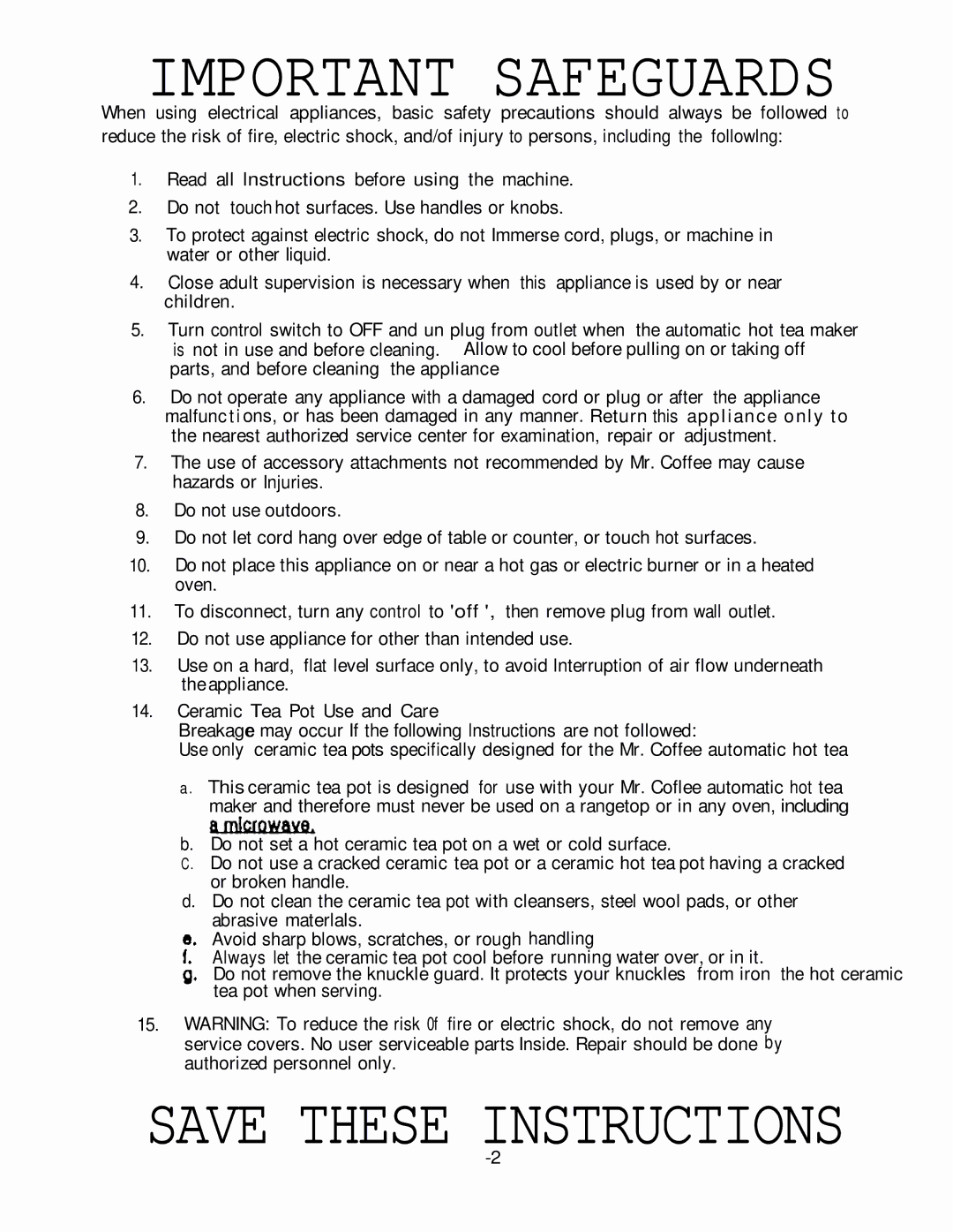 Sunbeam HTM1, Mrs. Tea operating instructions Important Safeguards 