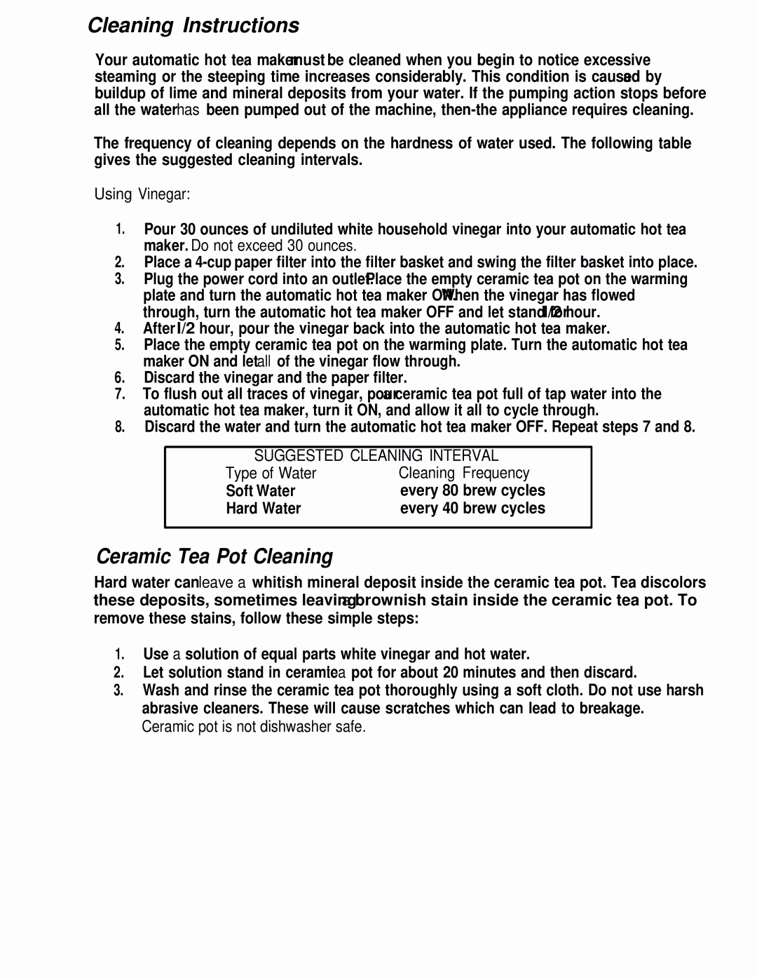 Sunbeam Mrs. Tea, HTM1 operating instructions Cleaning Instructions, Ceramic Tea Pot Cleaning, Suggested Cleaning Interval 