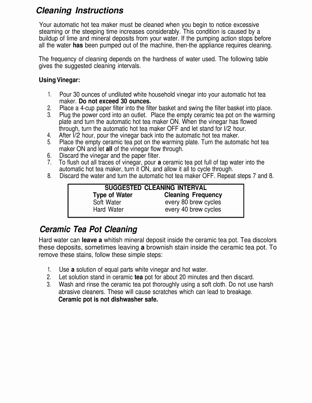 Sunbeam Mrs. Tea, HTM1 Cleaning Instructions, Ceramic Tea Pot Cleaning, Using Vinegar, Suggested Cleaning Interval 