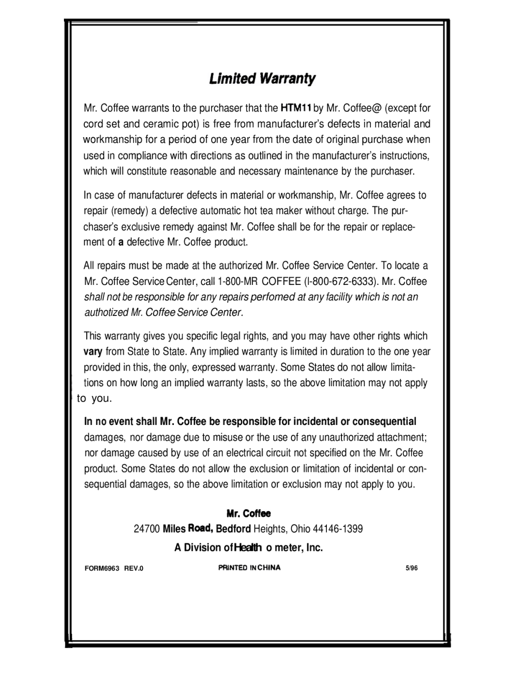 Sunbeam HTM11 operating instructions Mr. coffee, Division ofHealth o meter, Inc 