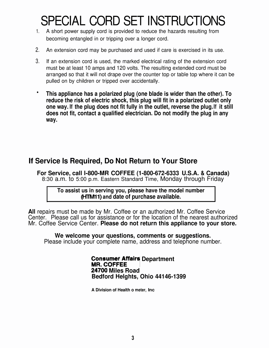 Sunbeam HTM11 Special Cord SET Instructions, To assist us in serving you, please have the model number 