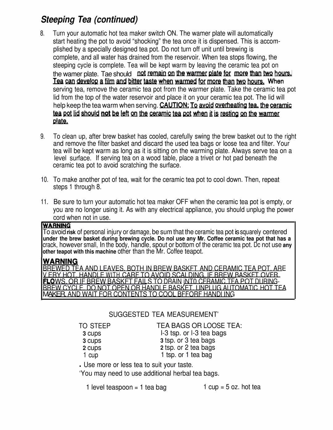 Sunbeam HTM11 operating instructions Steeping Tea, Suggested TEA MEASUREMENT’ To Steep TEA Bags or Loose TEA 