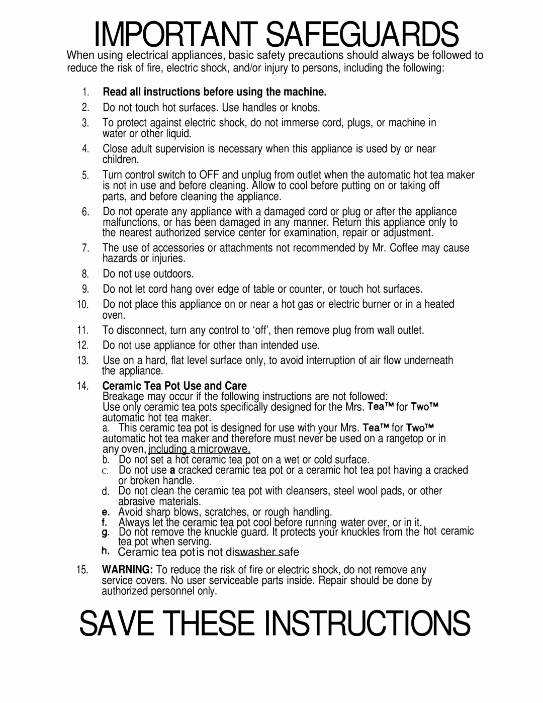 Sunbeam HTM11 Important Safeguards, Save These Instructions, Read all instructions before using the machine 