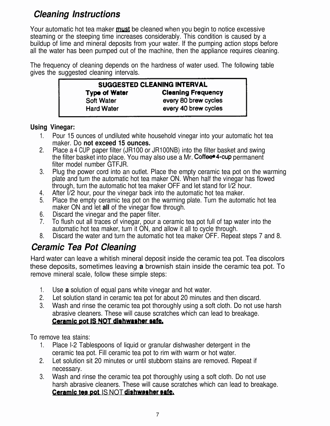 Sunbeam HTM11 operating instructions Cleaning Instructions, Ceramic Tea Pot Cleaning, Using Vinegar 