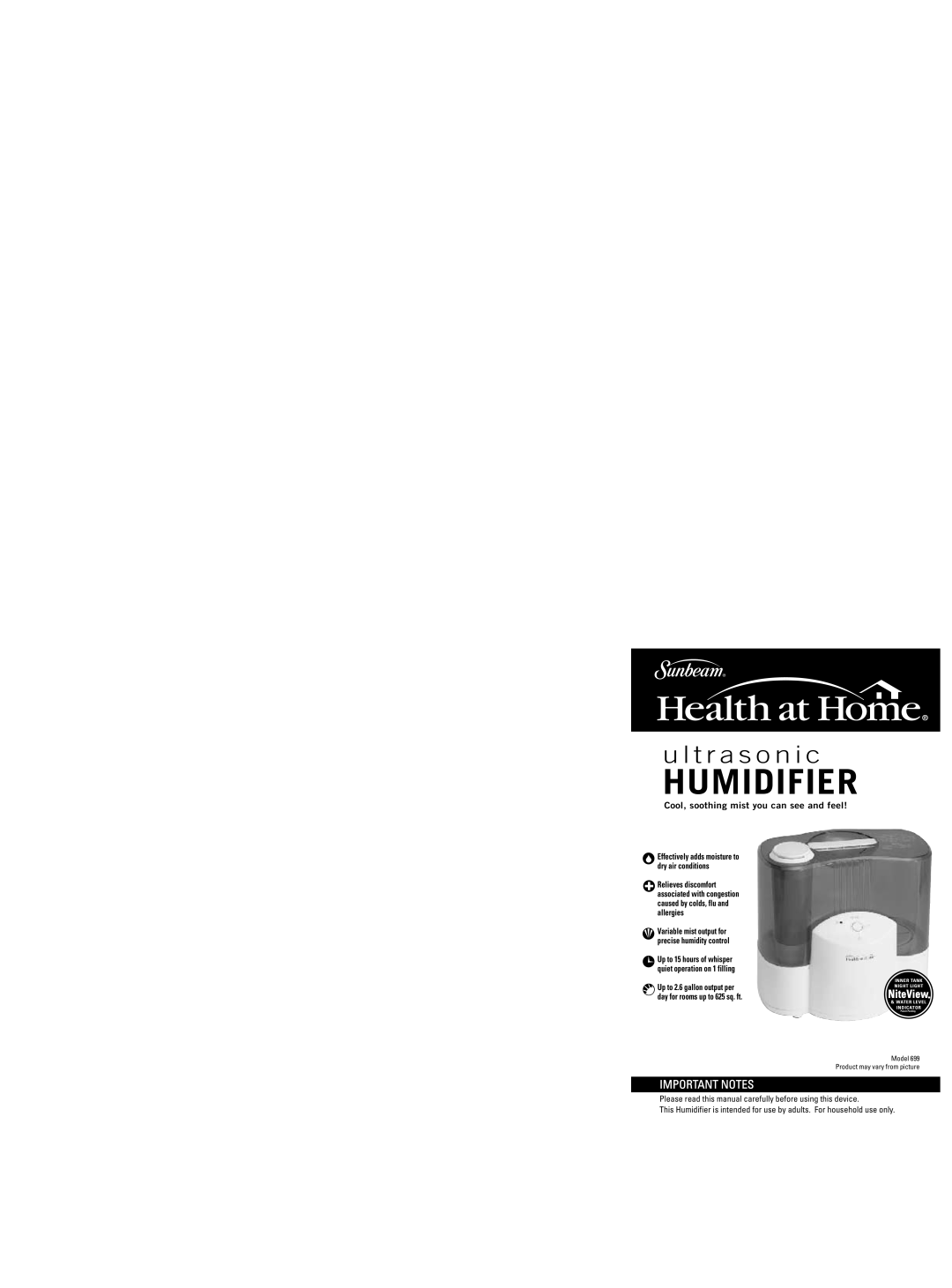 Sunbeam HUMIDIFIERCool warranty Humidifier, u l t r a s o n i c, Important Notes, NiteView 