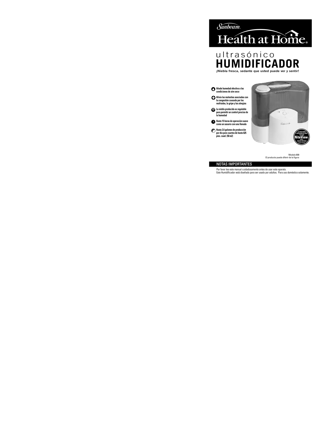 Sunbeam HUMIDIFIERCool warranty Humidificador, u l t r a s ó n i c o, Notas Importantes, NiteView 